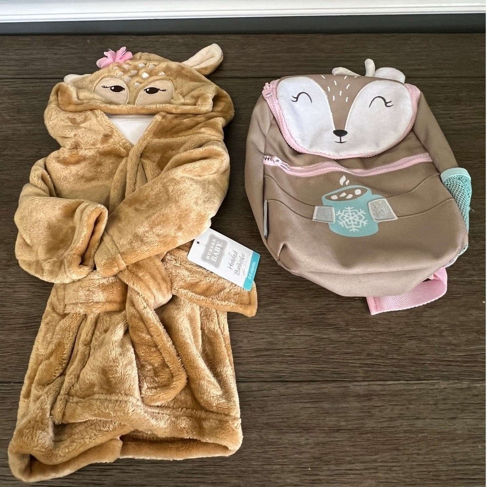 Hudson Baby Deer Hooded Bathrobe NWT & Goldbug Deer Toddler Backpack Set